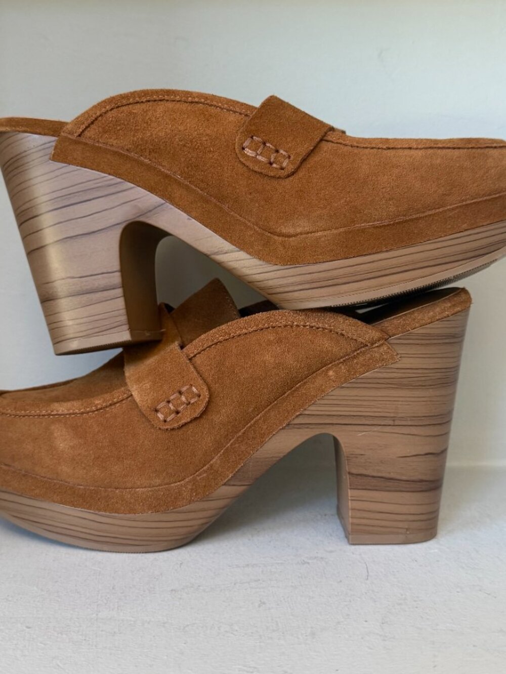 New Splendid Vina Caramel Tan Suede Wood Look Block Heel Platform Mule Clogs 9 - Picture 2 of 11